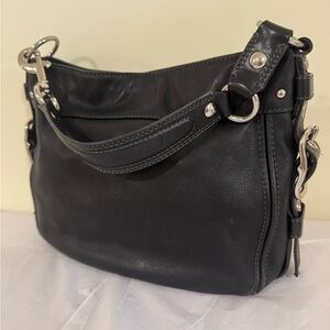 Coach Black Leather Shoulder Bag with Silver Accents